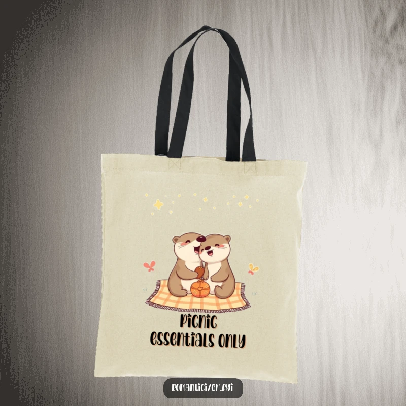 Funny tote bag with a cheerful otter enjoying a picnic under a starry night sky.