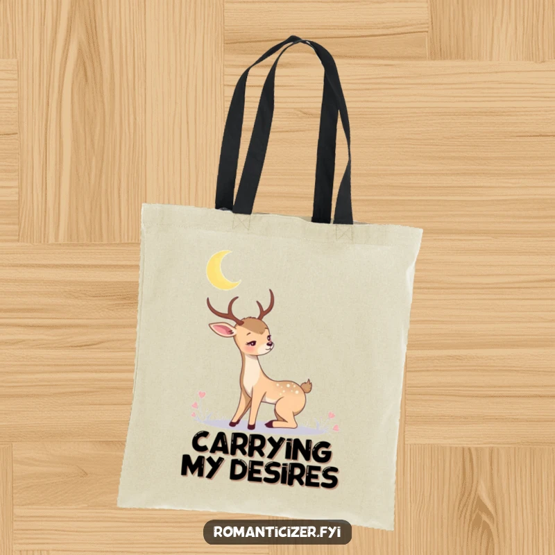 Romantic deer tote bag with a graceful deer gazing longingly at a crescent moon. A stylish and enchanting carry-all for nature lovers.