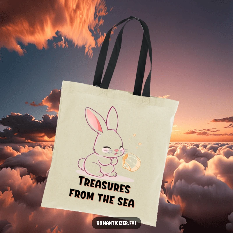 Funny Rabbit Tote Bag featuring a curious rabbit listening with delight to a seashell, a charming carry-all.